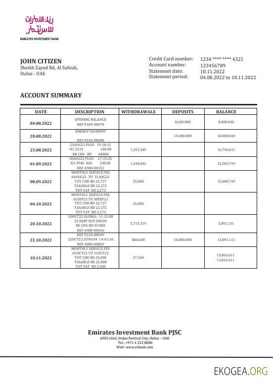 Modèle de relevé de la Banque d'investissement des Émirats arabes unis au format Word et PDF